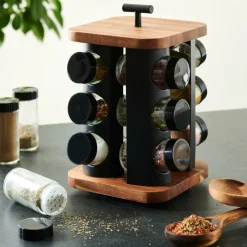 CASA ACACIA LUX Carrousel à épices 12 Pots Pivotant 360° Noir, Naturel