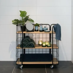 CASA OSLO Étagère Trolley 3 Tablettes Noir, Naturel