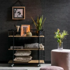 CASA OSLO Étagère Trolley 3 Tablettes Noir, Naturel